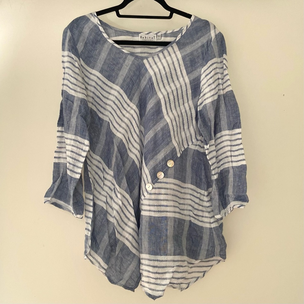 Habitat Linen Tunic Women's Large Blue White Stripe Lagenlook Coastal Arsty